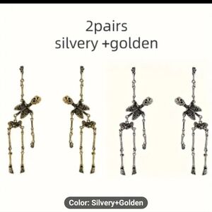 Skellington Earrings, gold and silver